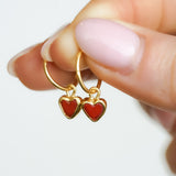 Red Sea Glass Heart Hoops, Gold Vermeil