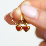 Red Sea Glass Heart Hoops, Gold Vermeil