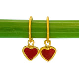 Red Sea Glass Heart Hoops, Gold Vermeil