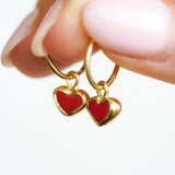 Red Sea Glass Heart Hoops, Gold Vermeil