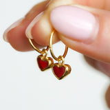 Red Sea Glass Heart Hoops, Gold Vermeil