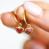 Red Sea Glass Heart Hoops, Gold Vermeil